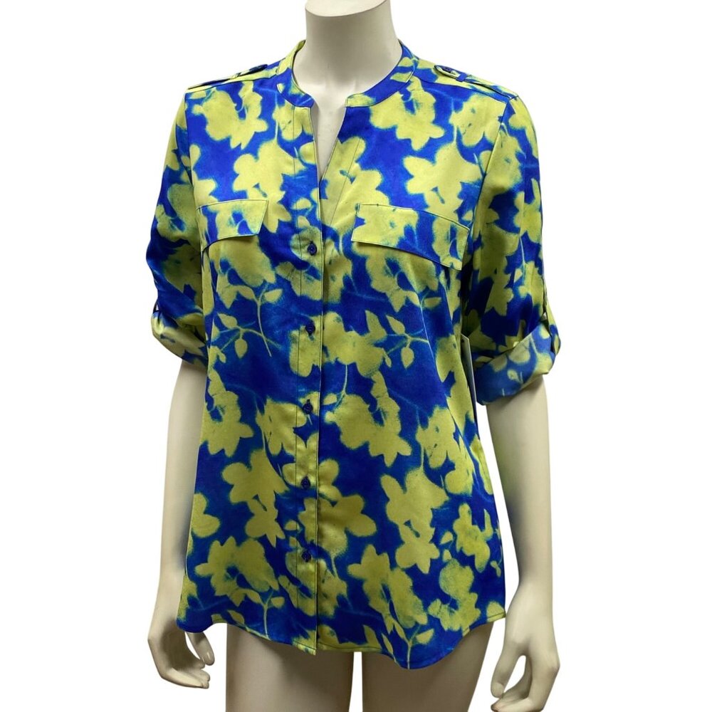 Calvin Klein $74 Women Floral Print Button-Front Blouse Roll-Up Sleeves M NWT